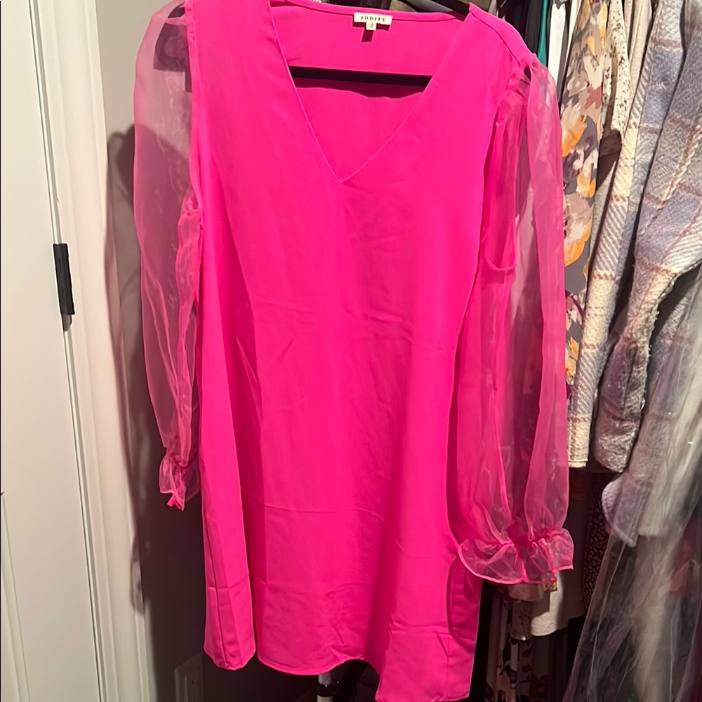 Hot Pink Sheer Sleeve Dress WITH POCKETS